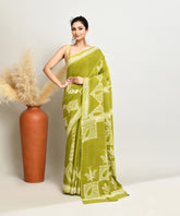 Green Pure Light and Breezy Dabu Discharge Handblock Printed Premium Cotton Saree